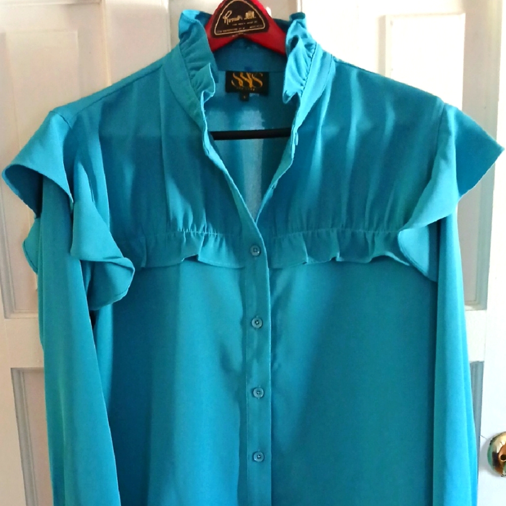 SSYS THE LADEL size L Women's Blue Ruffled Top.Boho